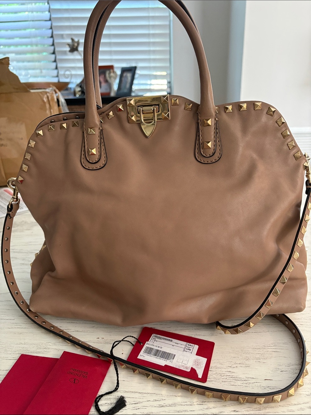 Valentino Garavani Vitello Rockstud Dome Satchel Taupe Beige Leather